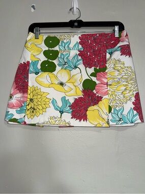 Burberry Floral Wrap Cotton Mini Skirt in White with Yellow, Red & Teal Blooms